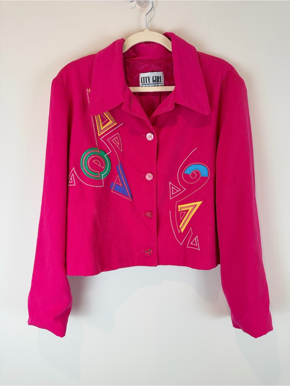 City Girl Hot Pink Embroidered Button-Front Jacket Size Large Petite